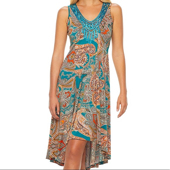 World Unity Matisse Paisley Print Embroidered Sleeveless High Low Dress - Picture 5 of 16